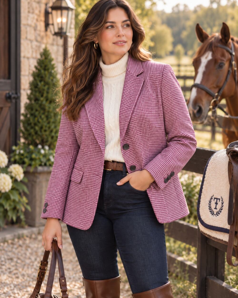Talbots Plus 18W Wool Blend Houndstooth Blazer Pink Cranberry Equestrian